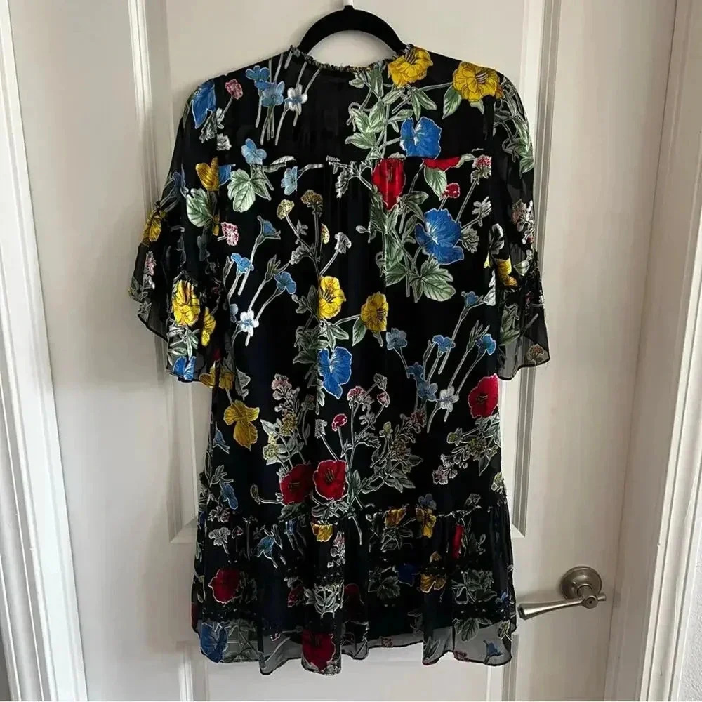 602* Alice + Olivia Pauline Floral Print Ruffle Tunic Mini Dress Size Small - Picture 9 of 9